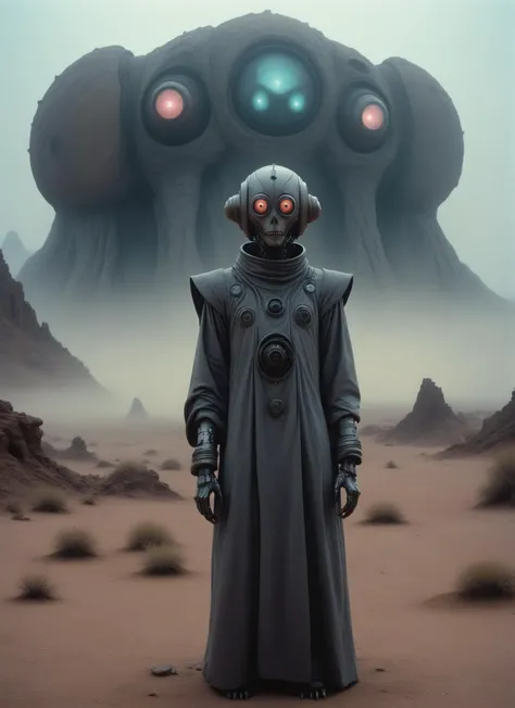 Colour film 35mm 1976, rule of thirds, right, down, monster:0.5 (close-up, portrait of bizarre robotic organism in robe, dark dystopian desert landscape), a giant futuristic building in rock city in the background, liminal space, fog