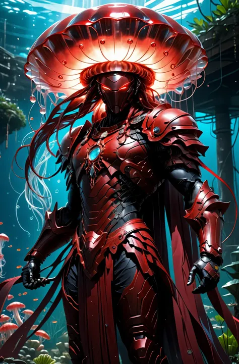 <lora:hadesarmorXL:1> masterpiece of metalwork, photorealistic highly detailed 8k photography, best realistic quality, volumetric lighting and shadows, sharp intricate details, man in Oxblood Red hdsrmr, Charging Forward with Weapon Extended, Glowing Jellyfish Gardens background