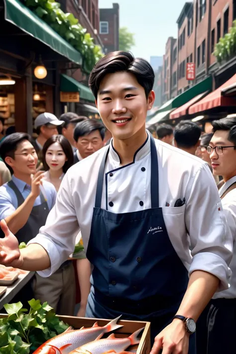 masterpiece of photorealism, photorealistic highly detailed professional 8k raw photography, best hyperrealistic quality, volumetric real-time lighting and shadows, Long Take Shot, Male Bookworm, Chef's Body Shape, Preppy Ivy League Look, Businessman Haircut, High-Fiving Gesture, Bustling Asian Fish Markets, background full of busy people
