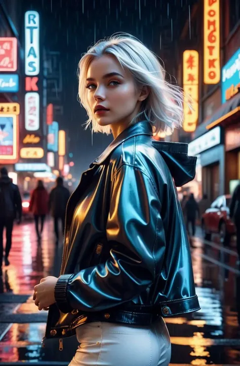 masterpiece of photorealism, photorealistic highly detailed 8k photography, best hyperrealistic quality, volumetric lighting and shadows, blowout white hair young woman in casual clothes, Retro Neon Signs on Rainy Streets full of busy people, Stunning Timelapse of Stars over Water