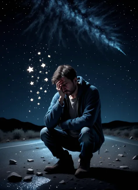 Realistic 8K raw photography, An image of a depressed man with a broken heart who can't stop crying and thinking about his lost love. On a dark night with a lot of stars and a shooting star