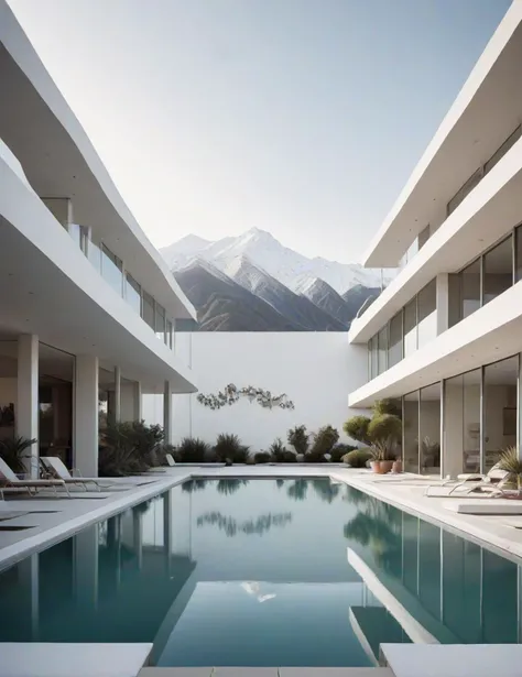Wide angle film photography, (Minimalist courtyard pool:1.3), Symmetrical composition, Modernist architecture, (Snow-capped peaks:1.2), Seamless design, Reflective surface, Serene oasis, (Subdued elegance:1.2), (Soft natural light:1.3), Captured with a Julius Shulman, Ultra-realistic textures, Cinematic tranquility, Sublime beauty