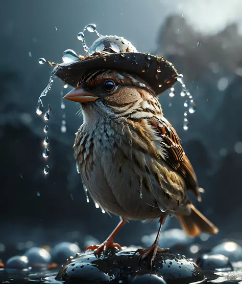 low angel, This striking image features a sparrow with a felt hat perched elegantly atop its head its feathers glistening with water droplets. The dark background adds to the mystery and intrigue of the scene, creating a sense of depth and contrast. The level of detail in the bird's feathers hat and even the water droplets is astounding making it a true masterpiece of digital art. The use of computer graphics and the Unreal Engine ensures that every aspect of the image is highly rendered, capturing every nuance of light and shadow. The style of the artwork is reminiscent of Chris LaBrooy's surreal and imaginative compositions blending elements of nature and fantasy into a visually stunning whole., <lora:add-detail-xl:0.9> dvr-lnds-sdxl <lora:MJ52:0.5> <lora:zavy-cntrst-sdxl:0.4> <lora:zavy-rmlght-sdxl:0.4>