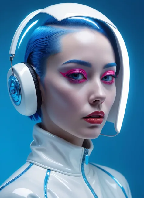 Realistic 8K raw photography, profile of a woman's face with open ears, in front of strobing neons, an American pop 60'S famous woman in plastic white and blue ski suit, with a 50's haircut , 80 degree view, art by Sergio Lopez , Natalie Shau, james jean and salvador dali