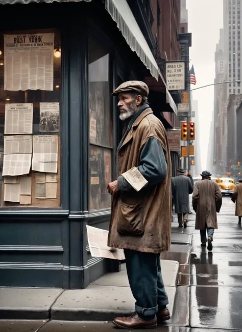 Realistic 8K raw photography, (1940s New York bustling street corner:1.2), (Symmetrical composition:1.2), Homeless man checking job boards, Tattered clothing, (Vintage urban setting:1.3), People rushing by, Heavy foot traffic, Gloomy overcast skies, (Vintage authenticity:1.2)