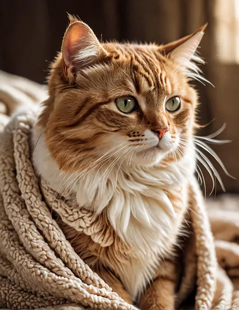 Portrait photography, (Adorable cat:1.2), Off-center composition, Playful stance, (Cute whiskers:1.2), Cozy blanket backdrop, Intense eye contact, Soft fur details, Feline elegance, Dramatic lighting, Captured with a Canon EOS 5D Mark IV, 50mm f/1.8 lens, Gentle focus, Engaging charm