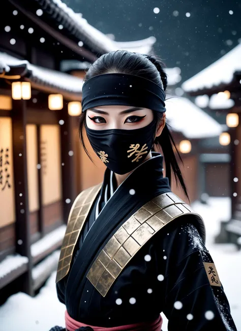 Medium far view realistic 8K raw photography, (Mysterious masked kunoichi ninja in stealth:1.3), Dark snowy town scene, Gold adornments, Intricate eyeliner, (Silent footsteps:1.2), Glistening snowflakes, Enigmatic aura, (Cool tone palette:1.2), Captured with a Phase One XF IQ4 150MP Camera, 80mm f/2.8 lens, High definition details, Crisp clarity