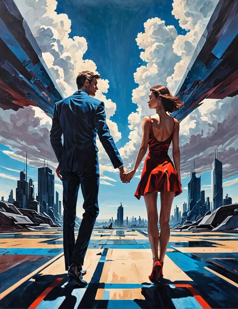 Medium format painting, (Girl and man lovers:1.3), Distant perspective view, Rich deep colors, Futuristic theme, (Contrasting sides:1.2), Blue sky background