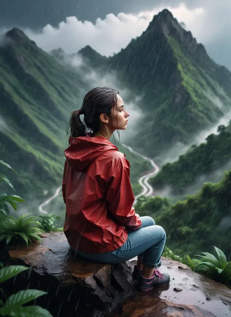 High-angle Realistic 8K raw photography, (Girl sitting in rain on mountain peak:1.2), Balanced composition, Rain-soaked figure, Contemplative stance, (Misty clouds swirling:1.2), Towering peaks, Lush greenery, Refreshing rain, Cool ambiance, Captured with high resolution clarity, Vivid realism, Detailed textures