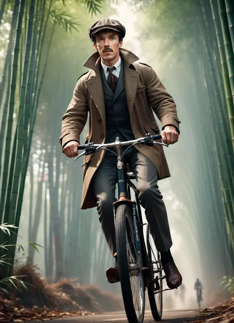 Wide angle photorealistic high-definition photo, (Sherlock Holmes detective outfit:1.3), Rule of thirds composition, Male pilot in focus, (Defined cyclist's body shape:1.2), Quiff hairstyle, Muscular flexing, Vibrant bamboo forests, Crowded background, (Dynamic lighting and shadows:1.2), Captured with a professional 8k raw camera, Ultra-realistic details, Hyper-detailed realism, Active urban scene