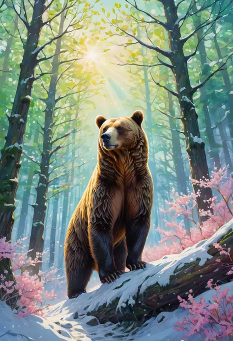 ( tessellation:2.0), As winter's grip, did slowly release, The earth awakened, from its icy peace, The bear of Scandinavia, did stir and rise, Shaking off slumber, with a gentle, curious eyes, The snowflakes whispered, secrets to the ground, As petals unfolded, from the frozen mound, The trees, like sentinels, did stand anew, Donning their finery, in shades of green and blue, The air was filled, with sweet and gentle song, As nature's palette, did paint the winter's throng, In hues of pink and yellow, and green and bright, Spring's awakening, did banish the winter's night. (rugged, mystical, poetic, vivid, wintry:1.3),( spring:1.3), green plants,( brown bear:1.2), ((masterpiece, high quality, best quality, 8k, wallpaper, fine lineart, highly detailed, absurdres)), cinematic photo magical style, art style hyperrealistic,vivid colors, intricate details, realistic style, oil paintings, acrylic paintings, watercolor paintings, digital illustrations, mixed media pieces, sculptures casting shadows, cosmic sky, photorealistic, extreme detail,lifelike,crisp,precise. natural materials,outdoor,detailed blend of organic and magical elements,futuristic,legendary,detailed,intricate,skin texture,film,bokeh,professional,4k,highly detailed, in the style of art, colorful, phone wallpaper,, (( bright, vibrant, dynamic, hyper-realistic, vivid colors, intricate details, realistic style, oil paintings, acrylic paintings, watercolor paintings, digital illustrations, mixed media pieces ))