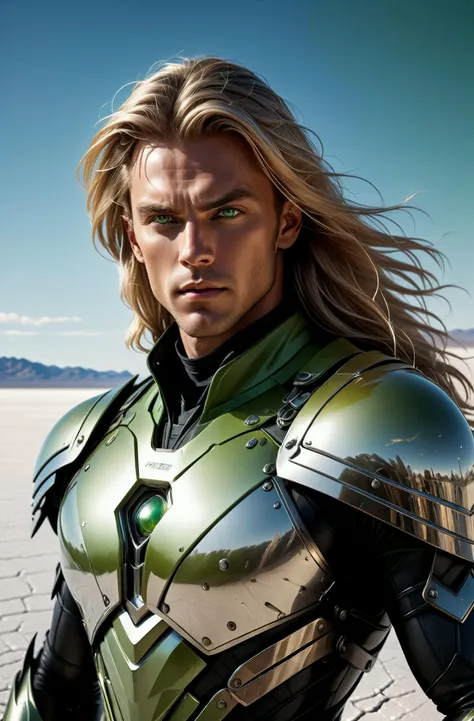 <lora:hadesarmorXL-000006:1> masterpiece of metalwork, photorealistic highly detailed 8k photography, best realistic quality, volumetric lighting and shadows, sharp intricate details, long blond hair man in reflectiveSheffield Gray hdsrmr, green eyes, Grounded Defensive Posture, Lunar-Like Salt Flats background