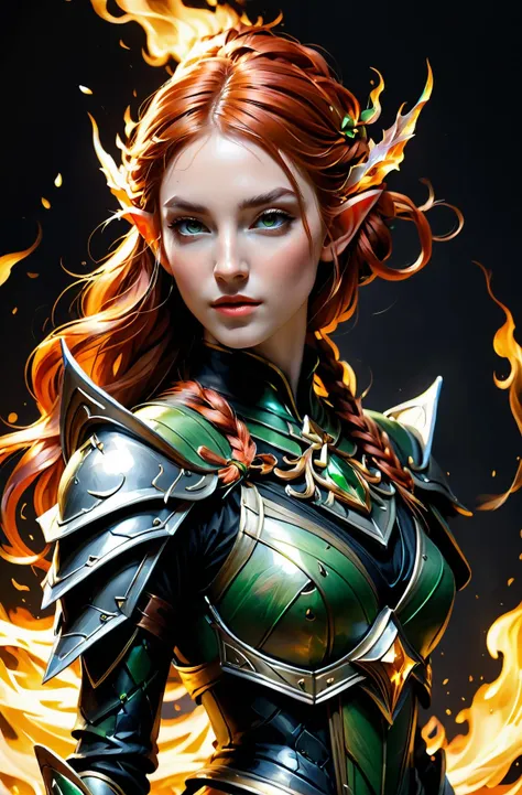 highly detailed photo of a red haired  beautiful elf mage, green mage armor, painting by lucian freud, anselm joseph by monet, oil on canvas painting, extremely detailed. 4 k, realistic, symmetrical, mucha alphonse and rutkowski greg and zi tian by art illustration, focus, sharp art, concept artstation, on trending hair, braided long detailed, highly lighting magic art, concept arms, symmetrical glowing white background, in fire fantasy, and dark d, 4 c portrait dnd knight, female of painting