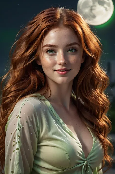 masterpiece, photorealistic highly detailed 16k raw photo, best cinematic quality, volumetric lighting, volumetric shadows, voluptuous redhead young woman in casual clothes, freckles, seductive smile, light green eyes, very long wavy hair, full body view, moon background, extreme close-up view