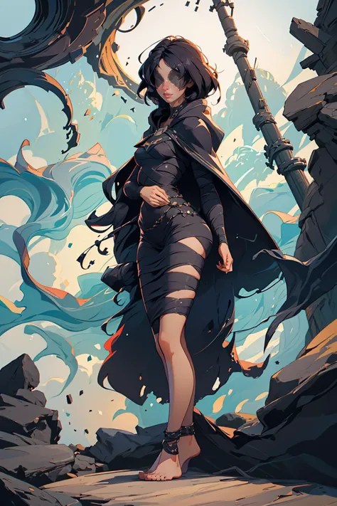 (masterpiece:1.2), (best quality, highest quality), (ultra detailed), (8k, 4k, intricate),(full-body-shot) <lora:maideninblack-nvwls-v1:0.9>maideninblack, cape, black dress, bandages, covered eyes, bare feet, cape, black dress, bandages, covered eyes, bare feet, ruins, holding staff, holding