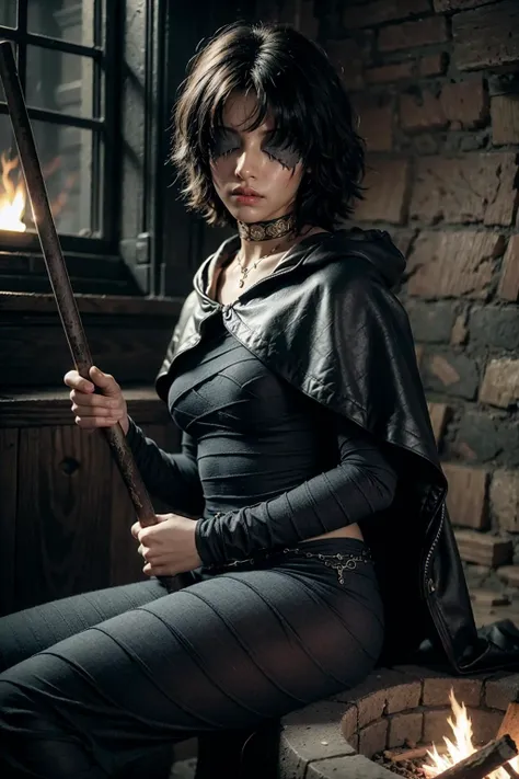 (realistic:1.3), finely detailed, quality, rembrandt lighting, (masterpiece:1.2), (photorealistic:1.2), (best quality), (detailed skin:1.3), (intricate details), dramatic, ray tracing, 1girl, maideninblack, 21 years old, detailed skin texture, (blush:0.5), (goosebumps:0.5), subsurface scattering, expressionless, medium breasts, short hair, bangs, choker, cape, black dress, bandages, covered eyes, bare feet, staff, holding staff, sitting, (cowboy shot:1.3), (dark, underground, gothic, ruins, bonfire), <lora:maideninblack-nvwls-v1:1>