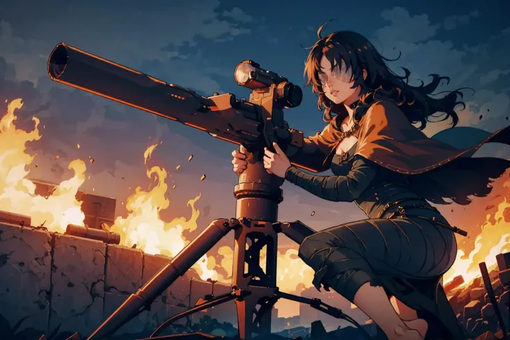 masterpiece, best quality, maideninblack, cape, black dress, bandages, covered eyes, bare feet, night, fire, city <lora:maideninblack-nvwls-v1-000010:0.9> <lora:tow-concept-richy-v2:1> towlauncher, tripod, scope