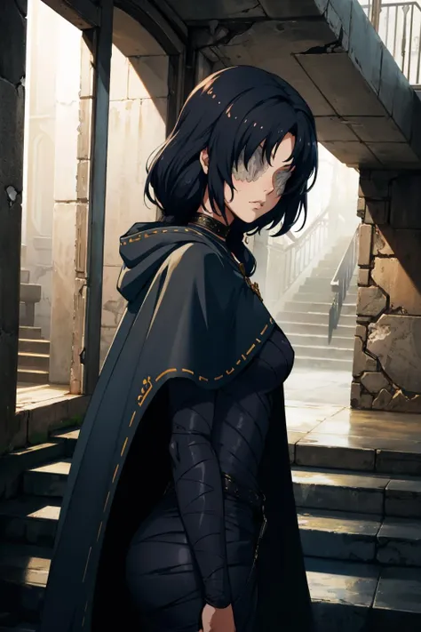 masterpiece, best quality, maideninblack, cape, black dress, bandages, covered eyes, cowboy shot, emotionless, desaturated, stairs, ruins, from side, pensive <lora:maideninblack-nvwls-v1-000010:0.9>