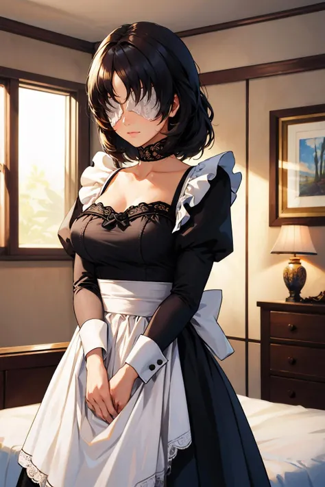 masterpiece, best quality, maideninblack, covered eyes, maid outfit, indoors, bedroom, blushing, cowboy shot <lora:maideninblack-nvwls-v1-000010:0.9>