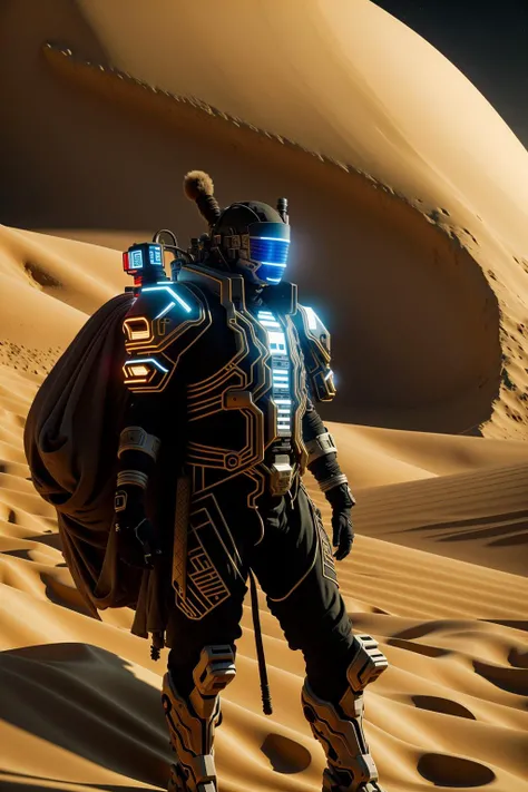 high quality photo of a mistic shaman cyberpunk in a Dune's scene, ultrarealism, hdri, epic, cinematic lighting, 8k, professional photography , insanely detailed,