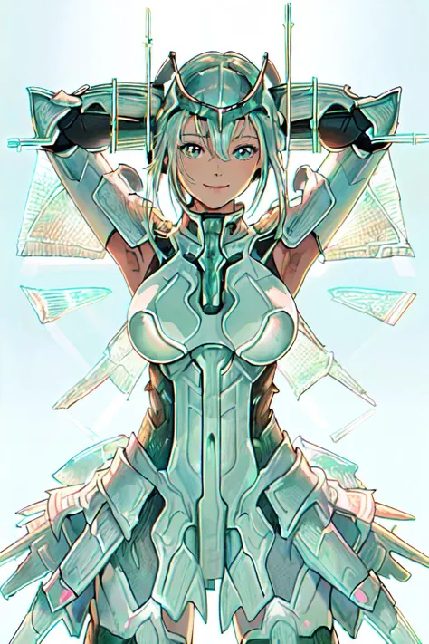 <lyco:Cyber_Saturation:0.7>realistic, simple background, armor,sharp focus, pastel colors, cowboy shot,
(best quality, masterpiece, RAW photo,ultra-detailed:1.2), <lyco:GoodHands-beta2:1.0>,1girl,solo,looking at viewer,smile <lyco:anime_minimalist_v1-000020:-0.5>