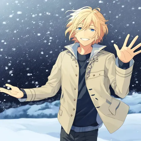 At the snowy field, a blonde male Eichi Tenshouin with blonde short hair between his blue eyes is waving at the viewer. He is smiling.