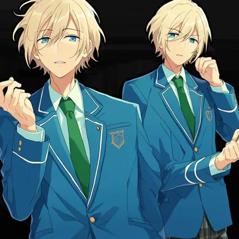 At school, a male Eichi Tenshouin with blonde short hair between his blue eyes is in the classroom. He is wearing a teal school blazer with a green necktie. It has a buttoned collar. He is wearing grey plaid pants.