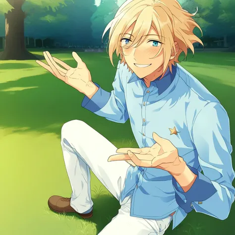 At the park, a male Eichi Tenshouin with blonde short hair between his blue eyes is at the park with trees and grass in the background. He is smiling and has a one cheek blush on the right. He is wearing a light blue shirt with white pants.