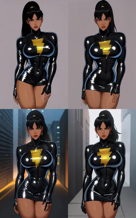 Shazam_Superwoman_TwoEarths_ownwaifu,
1girl, black hair, high ponytail, dark skin, long hair, large breasts, makeup, lipstick, toned, lips,
skin tight, black dress, short dress, latex, thick thighs, bodysuit, black gloves, shiny clothes, black bodysuit, thighs,
{<lora:DC_Superwoman_TwoEarths_ownwaifu:1> |<lora:DC_Superwoman_TwoEarths_ownwaifu:0.9> |<lora:DC_Superwoman_TwoEarths_ownwaifu:0.8> |<lora:DC_Superwoman_TwoEarths_ownwaifu:0.7> },
((masterpiece)),((best quality)),(highres), bokeh, depth_of_field, scenery, spotlight, focused, looking at viewer, solo, cowboy shot,