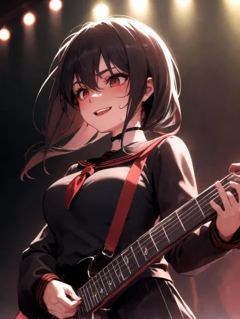 absurdres, higres, ultra detailed, megami magazine, sharp focus, solo, upper body,
1girl, serafuku singing, sweat, bouncing hair, playing guiter, on stage,
looking away, large breasts, on stage, smile, microphone stand, slayer, megadeth,
cinematic lighting, depth of field, HDR, ray tracing, perfect hands, <lora:serafuku_last:4>