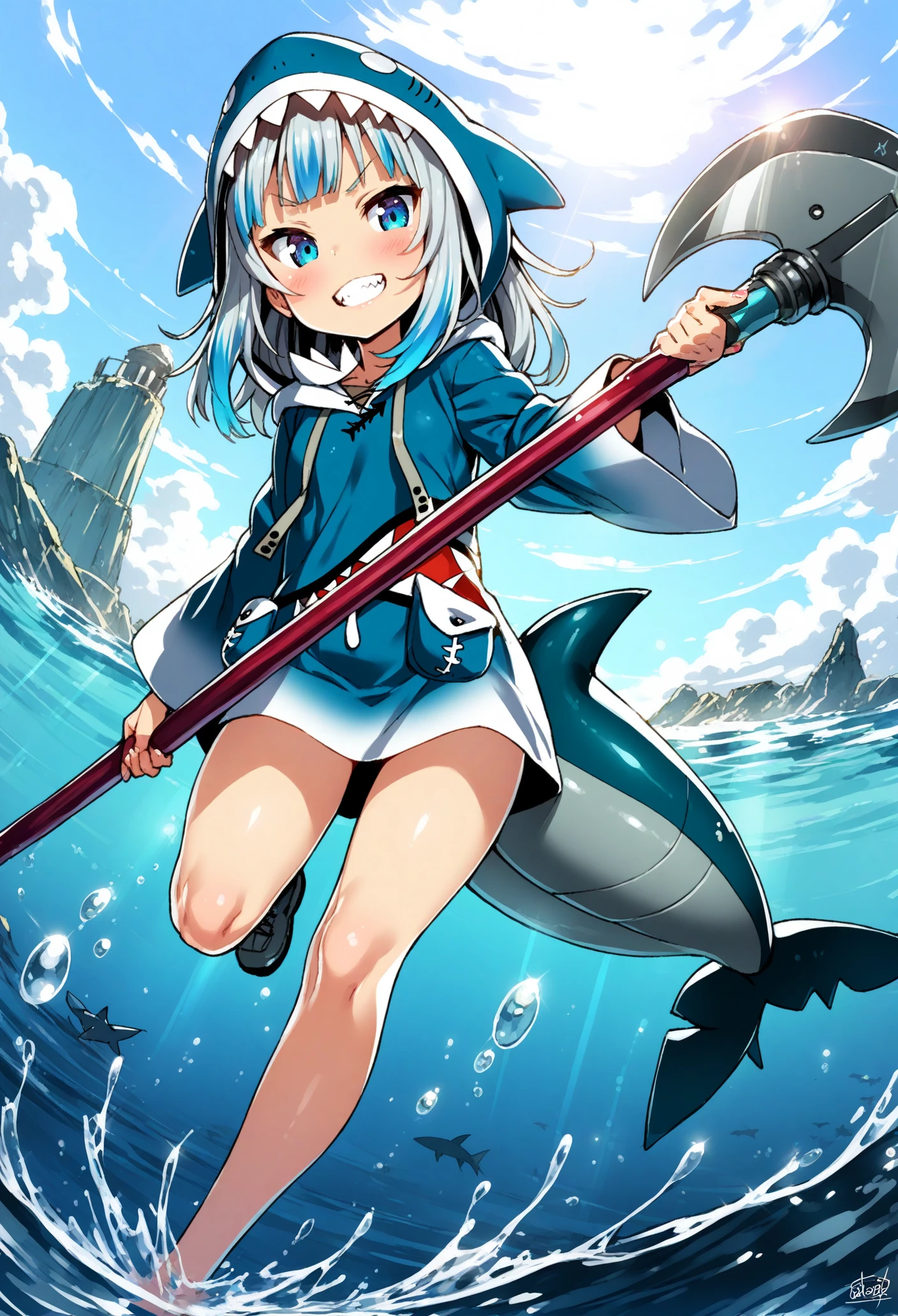 1girl,
gawr gura, hololive,
by asanagi, by redrop, swimming, dynamic, ocean, sunlight, shark hood, axe, polearm, tail, shark, holding, teeth, weapon, solo, virtual youtuber, fins, wide sleeves, animal hood, holding polearm, shark tail, shipwreck, holding weapon, fish tail, hood,
score_9, score_8_up, score_7_up, score_6_up, masterpiece, best quality, absurdres, sensitive,
