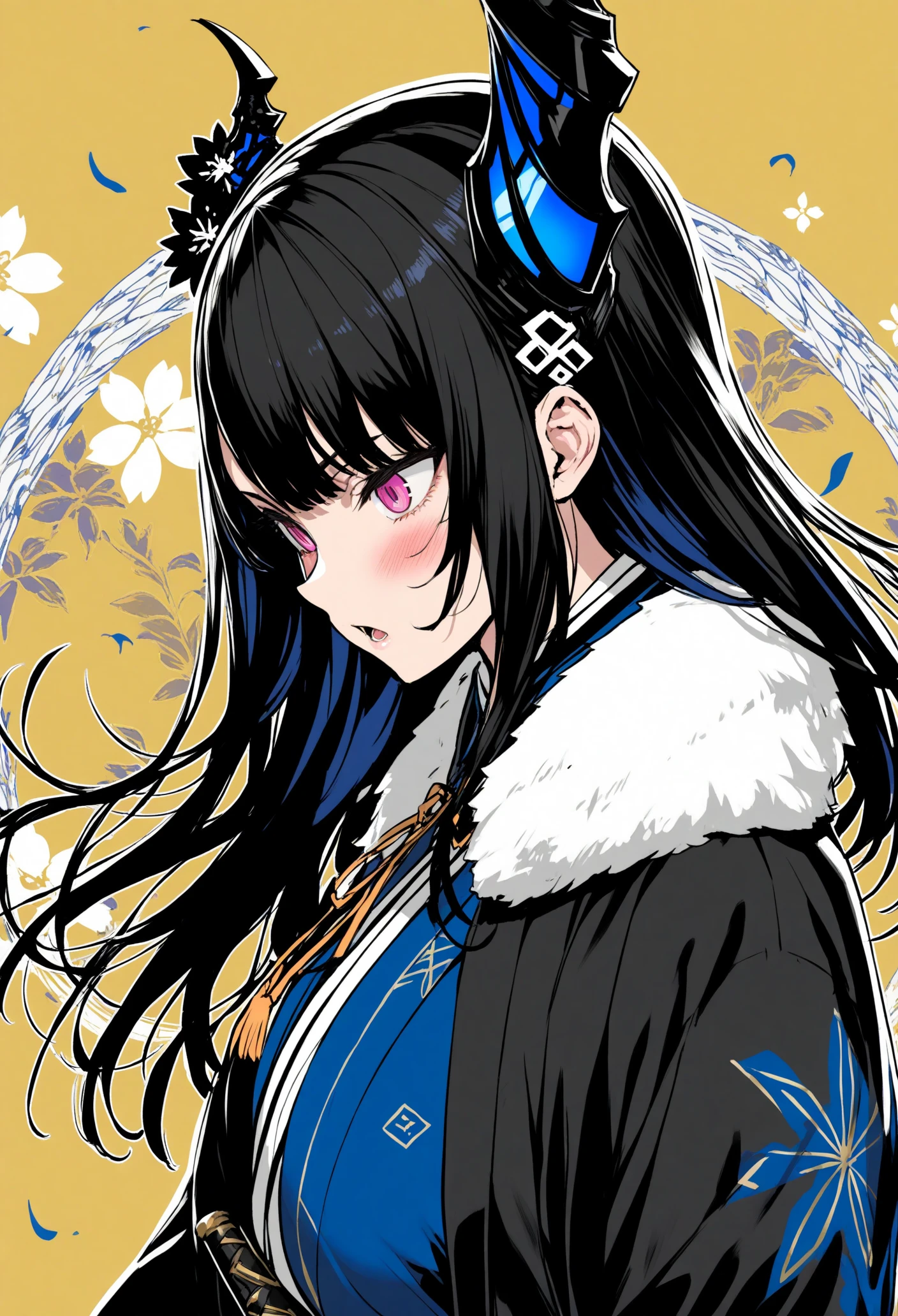 1girl,
nerissa ravencroft, hololive,
asanagi, ikuchan kaoru,
yd \, (orange maru\:1.1), kimono, katana, fighting stance, dynamic, holding sword, streaked hair, blush, ribbon, tassel, uneven horns, asymmetrical horns, yellow background, hair ornament, colored inner hair, floral background, black ribbon, sword, blue kimono, long sleeves, petals, kimono, floral print kimono, two-tone hair, holding, hair up, weapon, straight hair, new year, flower knot, mole, slit pupils, flower, gloves, solo, looking down, demon horns, metal collar, virtual youtuber, tassel hair ornament, falling petals, sword in front of face, japanese clothes, black kimono, fur trim, blue hair, long hair, collar, sidelocks, clenched hand, mole under eye, black hair, multicolored hair, pink eyes, open mouth, holding weapon, horn flower, black gloves, upper body,
score_9, score_8_up, score_7_up, score_6_up, masterpiece, best quality, absurdres, sfw,