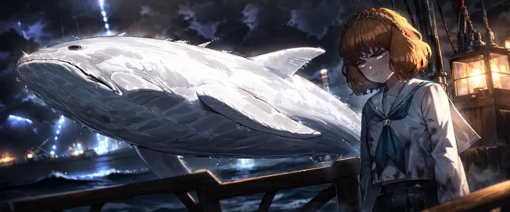 masterpiece,best quality,very aesthetic,absurdres,short hair,1girl,ishmael \(project moon\),solo,(flat chest:0.6),serafuku,glare,watching whale,glint,clenched teeth,dirty environment,on the sea,deep sea,fishing boat,deck,(night:1.5),(dark:1.5),(storm:1.2),dark clouds,rough sea surface,(giant white whale),
upper_body,dutch angle,from_side,cinematic_angle,<lora:limbus_animagineV2>,