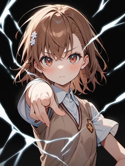 1girl, misaka mikoto, toaru majutsu no index, 
tokiwadai school uniform, summer uniform,
masterpiece, best quality, very aesthetic, absurdres, ultra detailed:0.3, 
<lora:neg4all_bdsqlsz_xl_V91:1><lora:HandFineTuning_XL:0.3>
solo, cute, pose, 
(((pointing at viewer))), 
<lora:only_my_railgun_pony:1>pointing electricity,
simple background, (black_background:1.2),