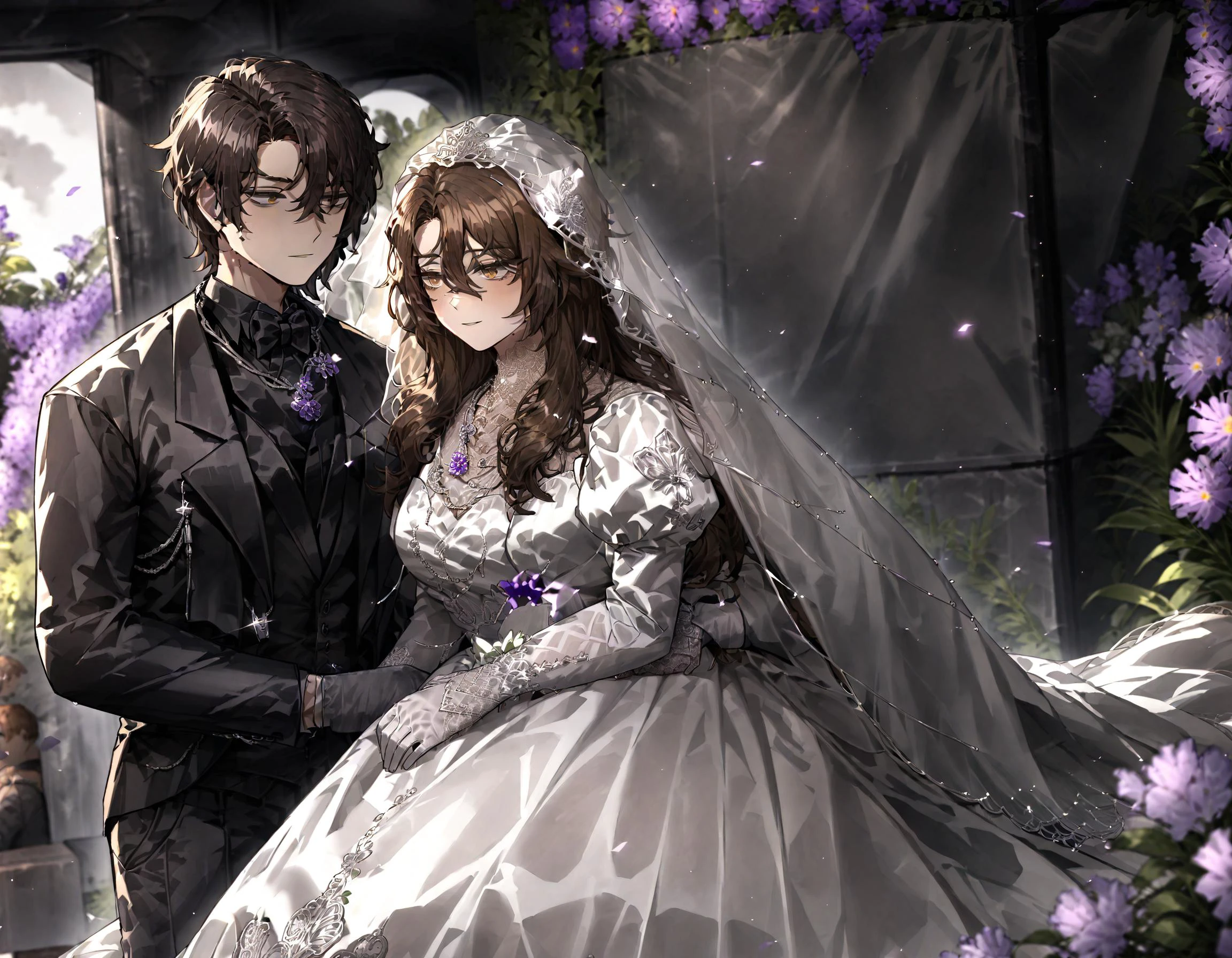 (masterpiece:1), best quality, very aesthetic, absurdres, newest,
((1boy:1.8),male, tuxedo, dinner jacket,Black tie, (heathcliff \(project moon\):1),black gloves, )
(1girl,female, Pearl skin, wavy hair, brown hair, hair between eyes, (Volume hair:-0.5),brown eyes, (hair between eyes:1.8),M bangs,long hair, wedding dress, lace trim, necklace, long dress, lace gloves, juliet sleeves, long sleeves, veil,ephemeral, )
flower garden background, (greyscale:0ï¼9), (from side:1.3), wedding, erica flower, heath flower, violet flowers, Patches of Violet, (only 1girl and 1boy:1.8), height difference, partners, you and me, partners focus, taking shelter,
<lora:Wedding_Dress_v2:1> ,<lora:limbus_animagineV2:1>,
remember the catherine.