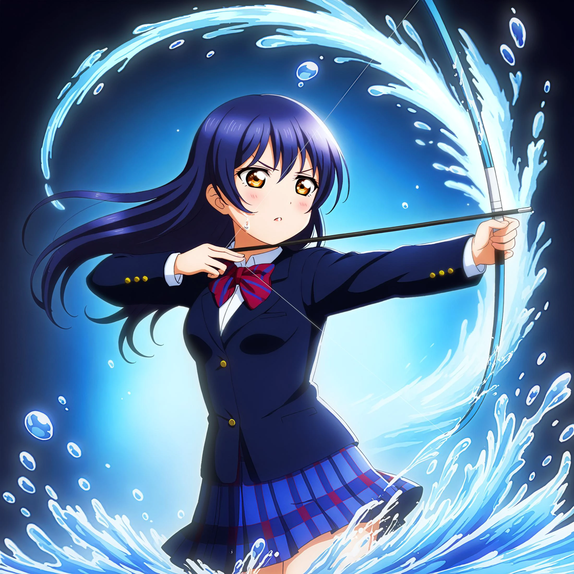 <lora:Koto-Umi-Riko-Shizu-Setsu-LLAS-LyCORIS-AnimagineXLV31-V9:0.85> <lora:add-detail-xl:1.5> <lora:hand 4:0.3:lbw=MIDD26>
<lora:kyudo-aiming-pony-v12:0.5:lbw=MIDD26:stop=28> <lora:ElementWaterSDXL:0.6:0.6:lbw=MIDD26:stop=28>
(masterpiece, absurdres, very aesthetic:1.4), best quality, newest, official art, intricate details, (thick outlines:1.2), perfect anatomy, perfect lighting, (motion blur, motion lines:1.5), vivid colors BREAK
1girl, (llas:1.3), looking to the side, from side, cowboy shot BREAK
(umi-llas:1.3) BREAK
big pupils, detailed eyes, large breasts, lipstick, serious, v-shaped eyebrows BREAK
(otowin:1.2), (otonokizaka school uniform:1.2), long sleeves, dark blue blazer BREAK
red bowtie, striped bowtie BREAK
blue miniskirt, pleated skirt, plaid skirt BREAK
kyudo-aiming, arrow \(projectile\), drawing bow, holding arrow, holding bow \(weapon\) BREAK
(ElementWater bow \(weapon\):1.2), (blue aura:1.2), (water drop, swirling, splashing:1.4), tornado, lots of water particles, power wave, blue theme, black background