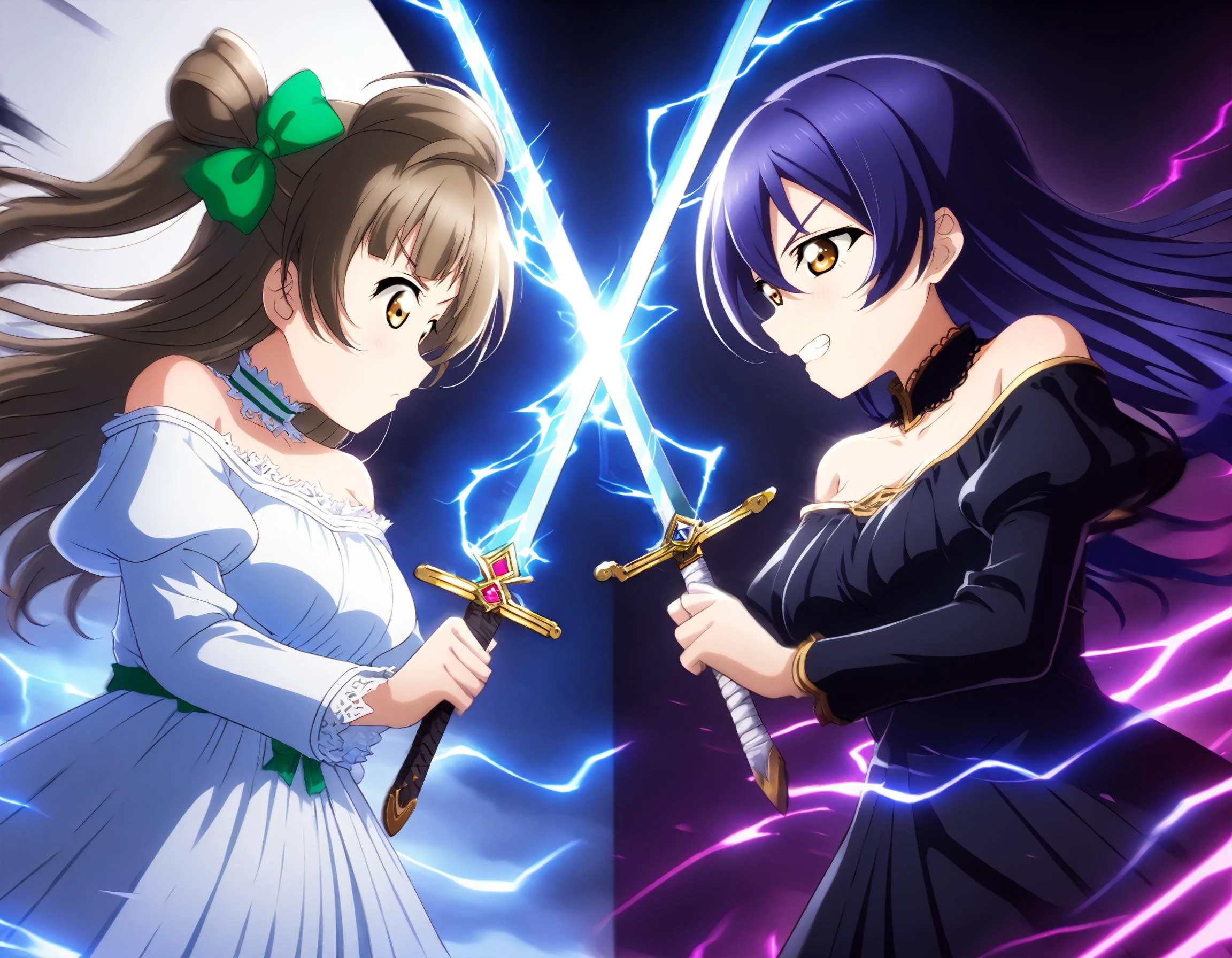 <lora:Koto-Umi-Riko-Shizu-Setsu-LLAS-LyCORIS-AnimagineXLV31-V5:0.45> <lora:Pony_Sword_Duel_-_by_HailoKnight:0.4:0.4:lbw=ALL26-OUTS:stop=28>
(2girls, multiple girls, side-by-side:1.2), (looking at another), upper body,
big pupils, large breasts, off-shoulder dress, bare shoulders, collarbone,
(sword duel:1.8), fighting each other, 1vs1, holding sword, (electricity, lightning:1.3), simple background,
(masterpiece, absurdres, very aesthetic:1.2), best quality, newest, perfect anatomy, perfect lighting, (depth of field, motion blur:1.4)
ADDCOMM
(kotori-llas:1.3), serious, v-shaped eyebrows,
(aura:1.3), white dress, (light, white background:1.2)
ADDCOL
(umi-llas:1.3), grin,
(dark aura:1.3), black dress, (shadow, black background:1.2)