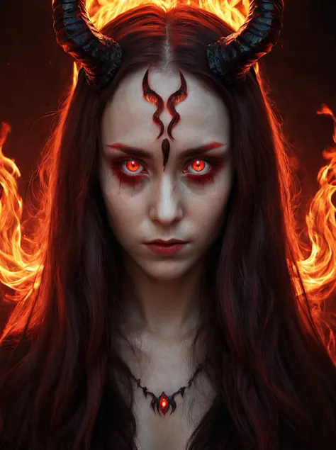 masterpiece,cinematic view,
high resolution,detailed, <lora:fire_xl:0.8>, firemode,red pupils,dark black sclera, , 1girl, solo, fire, horns, long hair, phoenix girl,portrait,glowing red pupils,dark theme,horror theme,