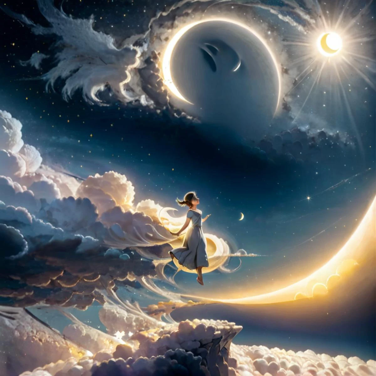 masterpiece,high resolution,detailed,
<lora:air_xl:0.8>,
airmode, , 1girl, sky, star (sky), moon, solo, cloud, sun, crescent moon, starry sky, scenery
