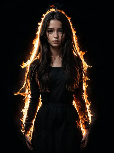 masterpiece,high resolution,detailed,
 <lora:fire_xl:0.8>,
firemode, , solo, fire, burning, 1girl, black background, standing, long hair, female focus,shadow