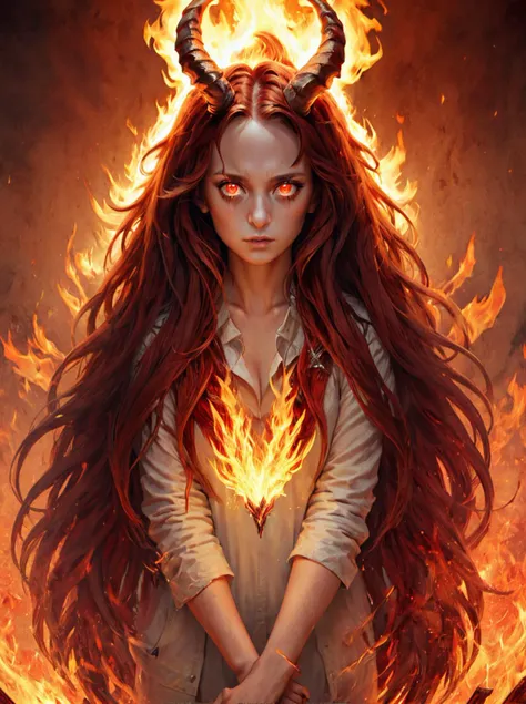 masterpiece,high resolution,detailed,
 <lora:fire_xl:0.8>,
firemode,, 1girl, solo, fire, horns, long hair, red eyes, phoenix