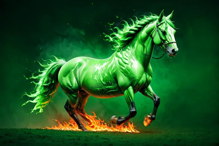 masterpiece,high resolution,detailed,
<lora:fire_xl:0.8>,
firemode, green theme,fire,horse