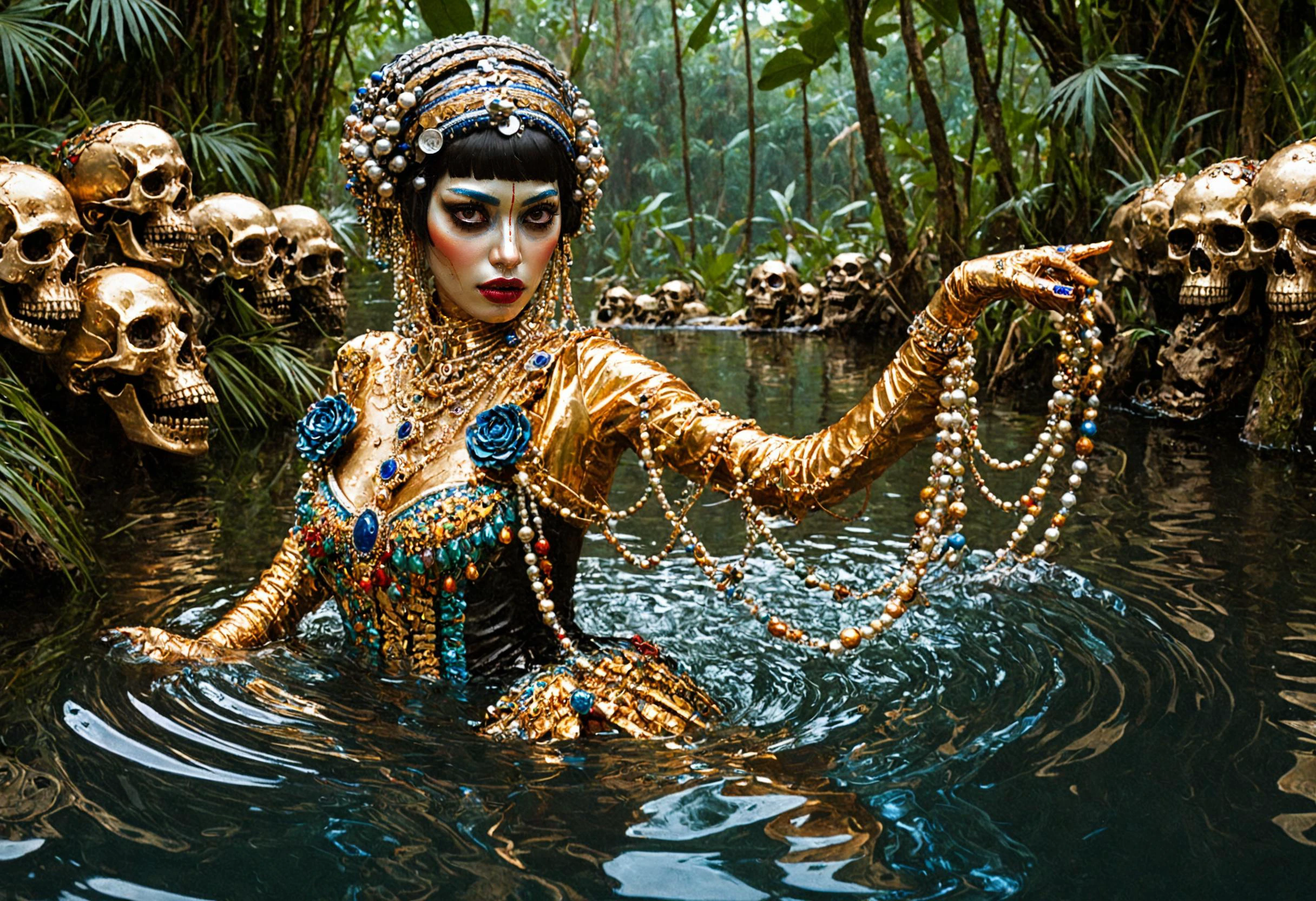 sexy sexy lora:Expressive_H:1.2> (expressiveh) <lora:Pony_DetailV2.0:0.8> <lora:add-detail-xl:1> epiCPhoto <lora:more_details:0.8> <lora:water_xl:0.8> watermode
score_9, score_8_up, score_7_up, score_6_up, score_5_up, score_4_up
(3D rendering, photorealistic, digital art, cowboy shot)
<lora:Jibaro_-_Love_Death_and_Robots_XL:0.8> ((j1b4r0:1.4)) She stands wading in the center of a lake in the jungle. A horror-themed action scene. The atmosphere is dark and foreboding, with eerie shadows and dim lighting surrounding her. (Colored Skin, Gold Skim:1.4, adorned all in a gold scaled embellished bodice and skirtn) The bloody water is bubbling and she surrounded by skeletons and piles of skulls from her victims. She wears a headdress with black hair with a bob cut and blunt bangs. She wears strings of pearls, blue gems and has a septum nose ring. She is shown in a dynamic pose, her expression filled with charm and seduction.