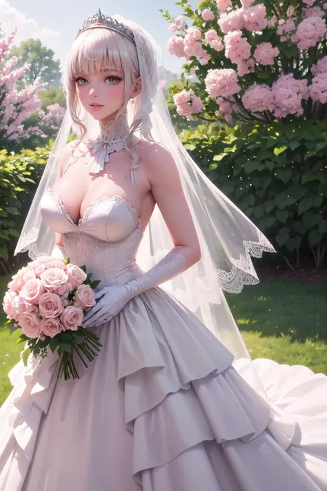 (highly detailed:1.3),
Ultra-detail,(highres:1.1),best quality,(masterpiece:1.3),cinematic lighting, <lora:rpgfudo_satona-10:1>,fudou_satona,large breasts,white hair, green eyes,wedding dress, standing in the amidst of flower field, holding a bouquet of res roses,light smile,
