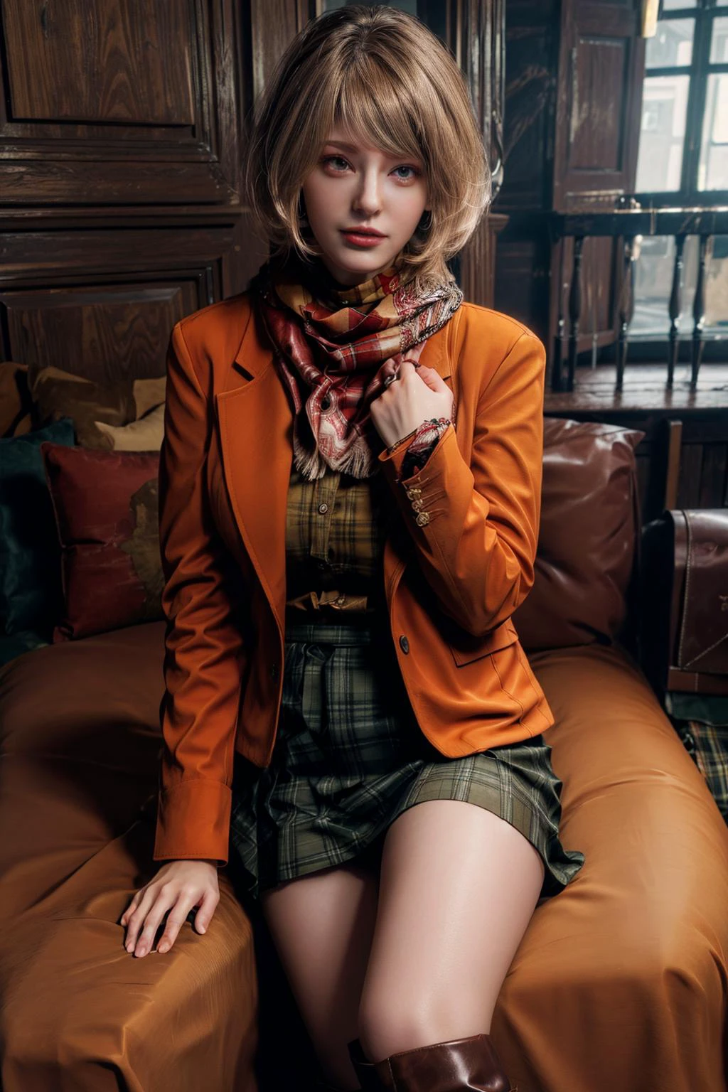 best quality, masterpiece, (photorealistic:1.4), ellafreya, fit body, (re4ashley, blonde hair, orange jacket, scarf, black plaid skirt, pantyhouse, boots, <lora:sxz-ashley-graham:0.7>):0.7, looking at viewer, <lora:ellafreya:0.85>, <lora:add_detail:1>
