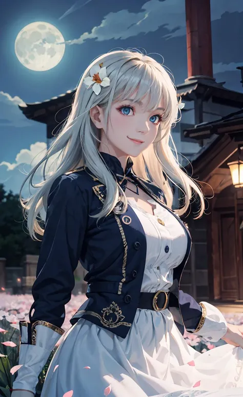 masterpiece, best quality, 1girl, (colorful),(finely detailed beautiful eyes and detailed face),cinematic lighting,bust shot,extremely detailed CG unity 8k wallpaper,white hair,solo,smile,intricate skirt,((flying petal)),(Flowery meadow) sky, cloudy_sky, building, moonlight, moon, night, dark theme, light, fantasy, <lora:Google:0.35>