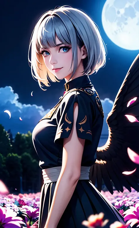 masterpiece, best quality, 1girl, (colorful),(finely detailed beautiful eyes and detailed face),cinematic lighting,bust shot,extremely detailed CG unity 8k wallpaper,white hair,solo,smile,intricate skirt,((flying petal)),(Flowery meadow) sky, cloudy_sky, building, moonlight, moon, night, dark theme, light, fantasy,<lora:Google:1>