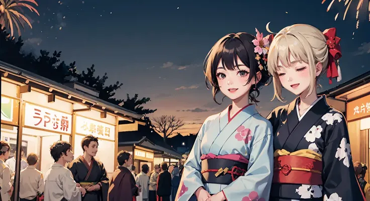 ;\), ;d, arm_hug, black_eyes, black_hair, black_kimono, blonde_hair, blue_hair, blue_kimono, brown_eyes, brown_kimono, candy_apple, closed_eyes, cotton_candy, festival, fireworks, floral_print, flower, green_kimono, grey_kimono, grin, hand_fan, holding_hands, japanese_clothes, kimono, kinchaku, mask, mask_on_head, multiple_boys, multiple_girls, new_year, night, obi, one_eye_closed, open_mouth, orange_kimono, pink_kimono, print_kimono, purple_kimono, red_hair, red_kimono, sash, short_hair, smile, summer_festival, white_kimono, wide_sleeves, yellow_kimono, yukata