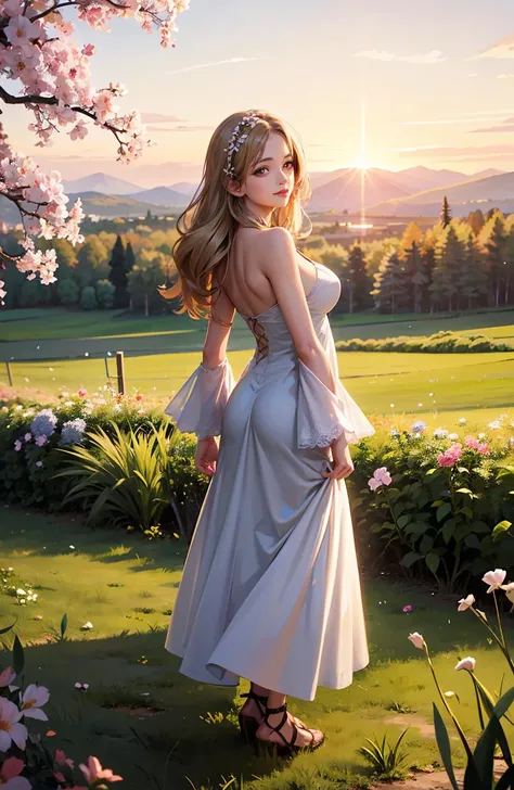 detailed manga illustration,(masterpiece:1.5),(best quality:1.5),Amazing,beautiful detailed,extremely detailed wallpaper,extremely detailed CG unity 8k wallpaper,an extremely delicate and beautiful,grove,in a meadow,plateau,in spring,golden hour lighting,strong rim light,cinematic lighting,wide shot,(1girl),(solo),((full body)), looking back,head tilt,arms behind back ,seductive smile,detailed light,depth of field,bloom,flowers,sunlight,Depth of field,extremely_detailed_eyes_and_face,big breast,drunk,adorable girl,ankle_lace-up,blonde hair ,long hair,streaked hair,artbook <lora:epiNoiseoffset_v2:0.3>