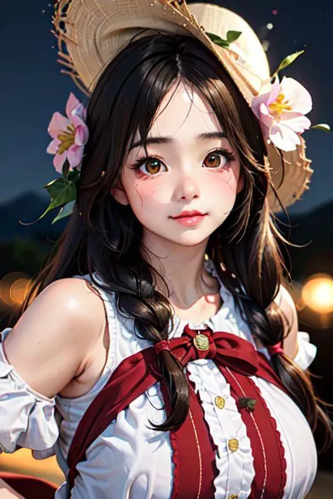 (masterpiece, best quality, 3d, photorealistic:1.2), (close-up of face, upper body:1.2),
1girl, (young, plump, round face:1.4), huge breasts, brown hair, amrs behind back, jirai kei attire, jirai kei,
happy, blush,
outdoor, night, dark, bloom, beautiful grow, milky way, twinkling light particles, fantasy world,